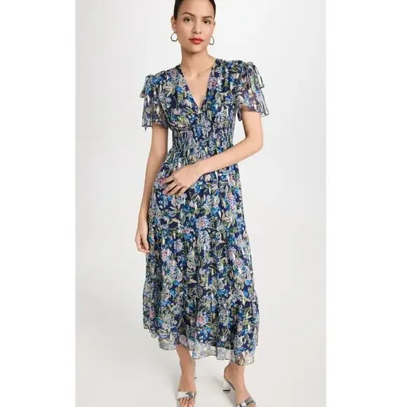 SHOSHANNA Midnight Lenora Midi Dress Navy Silver Multi Floral Smocked Tuckernuck - Picture 5 of 8